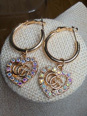 GG Goldtone Hoops with AB Iridescent Crystal Heart Charm Earrings